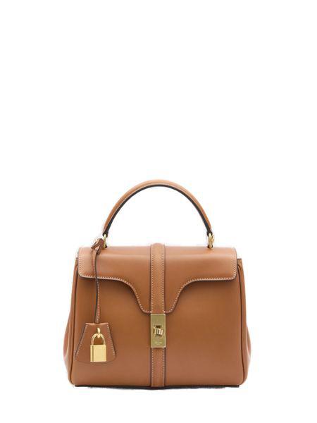 CELINE Small Calfskin Leather Handbag in Tan with Gold-Tone Hardware, Detachable Strap and Lock Closure, 23x18x10 cm