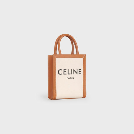 CELINE Women's Mini Vertical Tote Handbag in Tan Cotton and Leather for FW22
