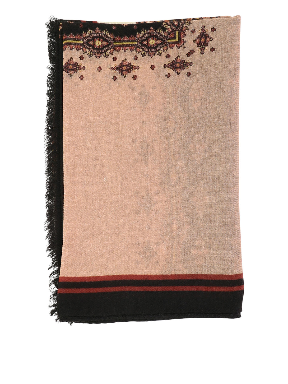 黑色印花围巾带丝带和小圆点，边框有实色装饰