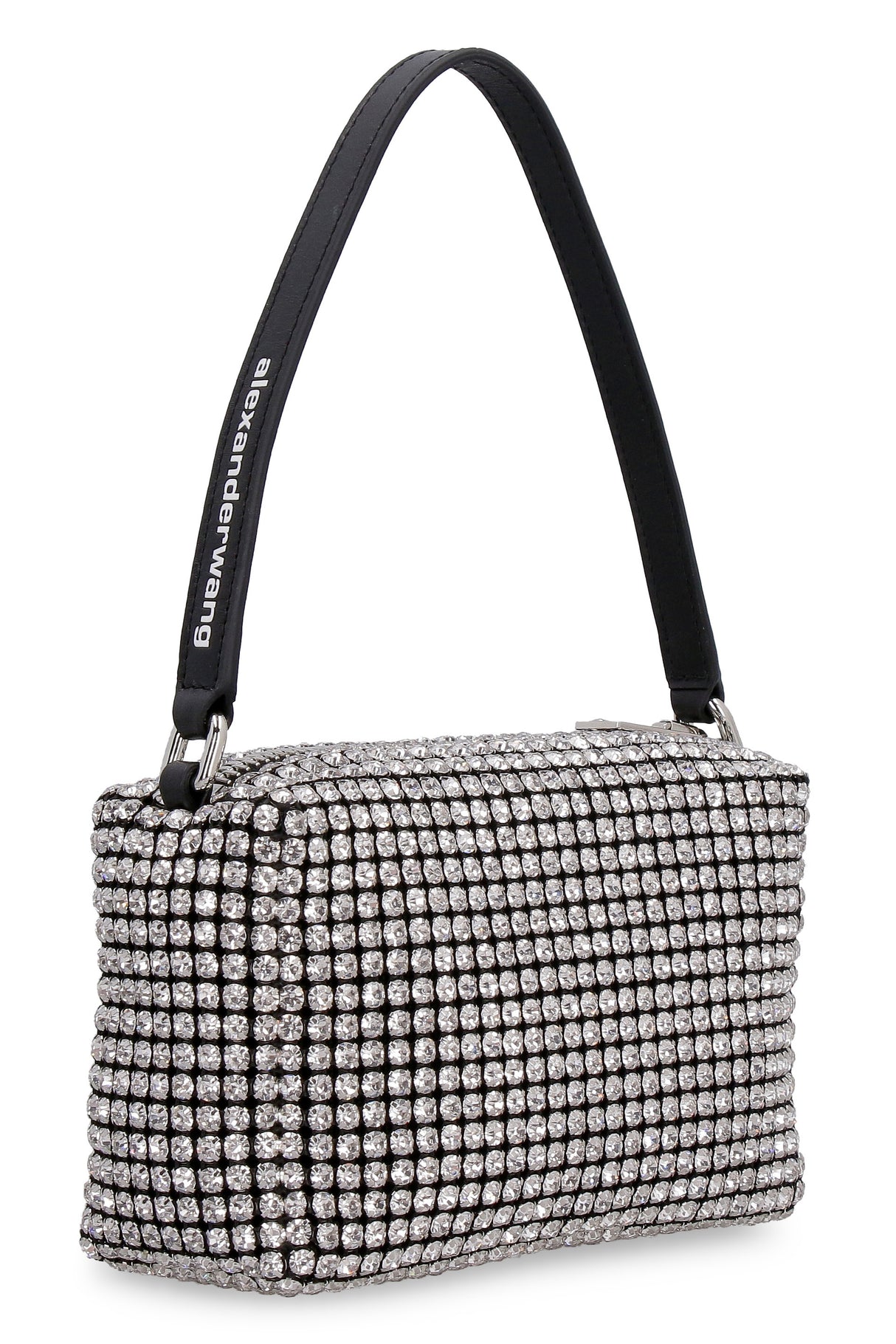 ALEXANDER WANG Heiress Medium Crystal Mesh Zip Pouch Handbag with Leather Handle, 10x17x7 cm - Gray
