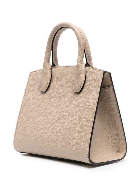 FERRAGAMO Tan Studio Box Mini Leather Handbag with Gancini Hook Closure and Adjustable Strap