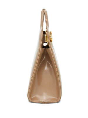 FERRAGAMO Mini Wanda Beige Patent Leather Top-Handle Bag with Gold-Tone Accents and Detachable Shoulder Strap