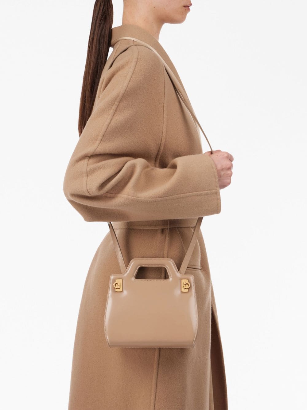 FERRAGAMO Mini Wanda Beige Patent Leather Top-Handle Bag with Gold-Tone Accents and Detachable Shoulder Strap