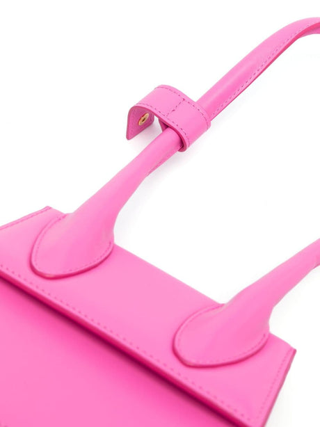 JACQUEMUS Hot Pink Leather Tote Handbag with Gold-Tone Logo Lettering and Adjustable Shoulder Strap