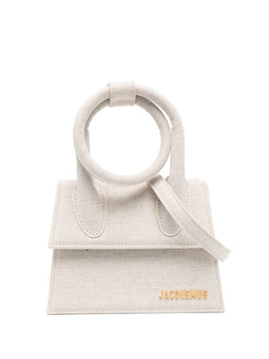JACQUEMUS Grey Canvas Tote Handbag with Detachable Shoulder Strap and Coiled Top Handle