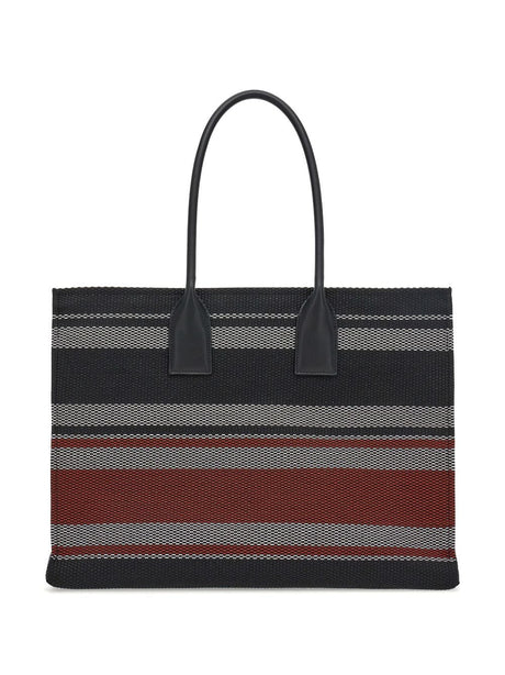 FERRAGAMO Chic Jacquard Stripe Large Tote with Removable Pouch - Black, White, and Dark Red