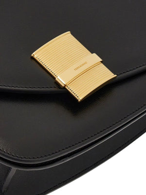 FERRAGAMO Asymmetric Foldover Crossbody Bag in Black Calf Leather for Women
