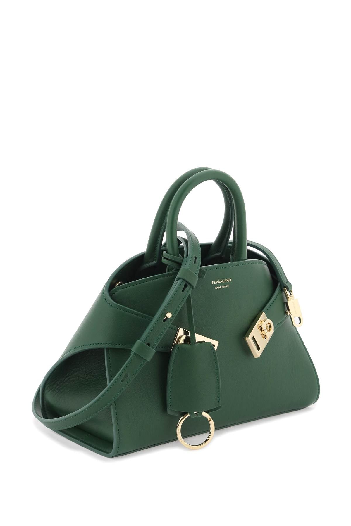 FERRAGAMO Chic Mini Leather Handbag with Gold Gancini Clasp and Adjustable Strap - Spring Green