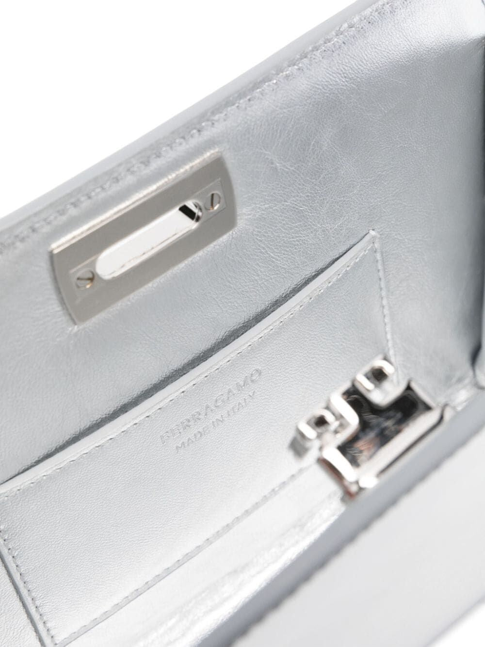 FERRAGAMO Diana Mini Metallic Silver Leather Crossbody Clutch for Women