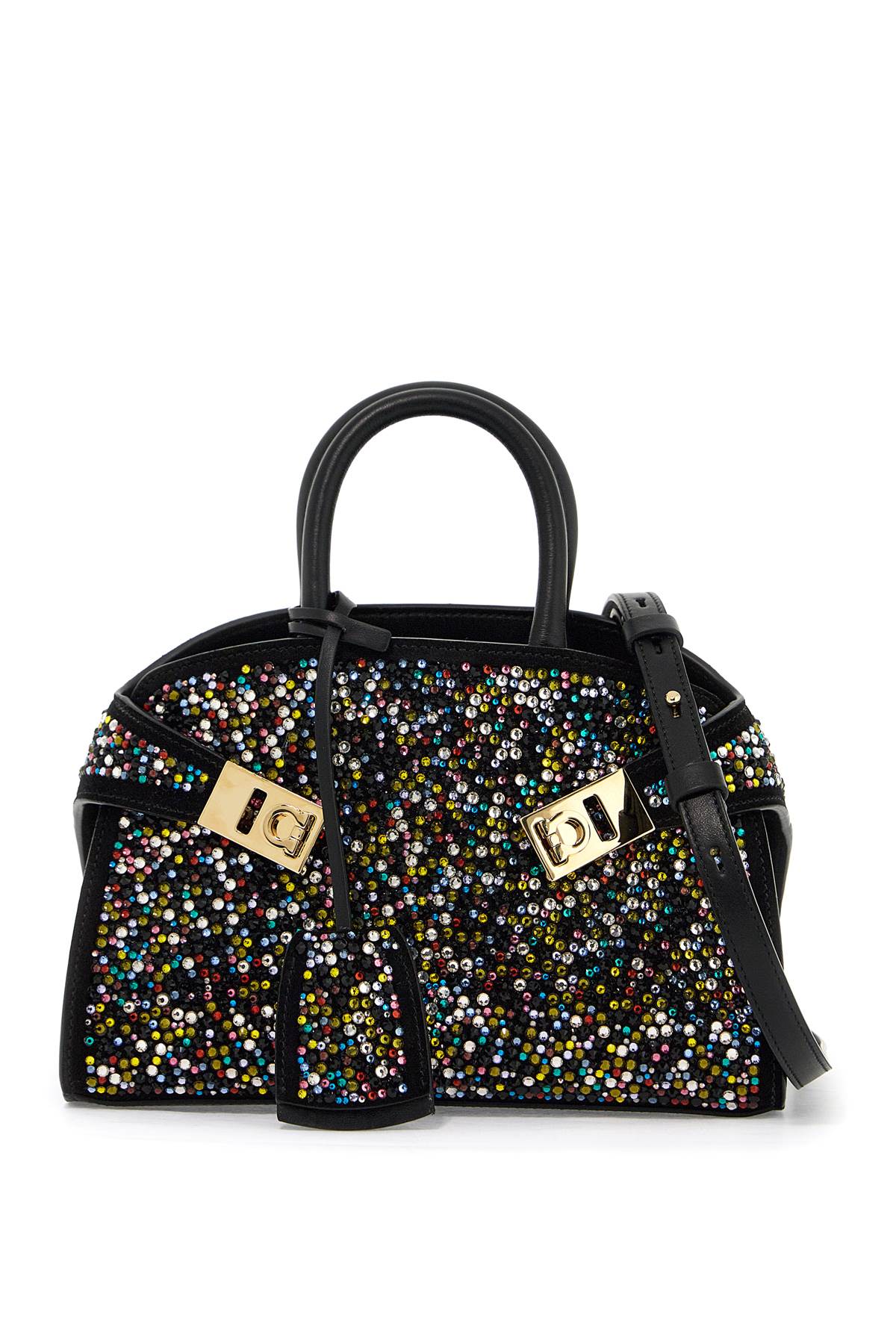 FERRAGAMO Glamourous Black Suede Handbag with Crystal Details