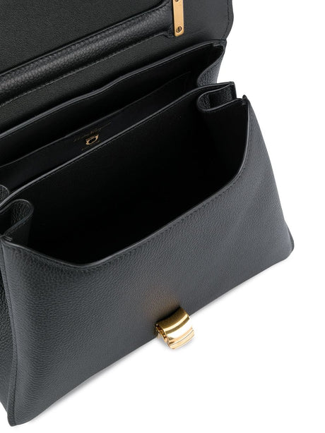 FERRAGAMO Black Leather Mini Tote with Gold-Tone Logo and Adjustable Shoulder Strap