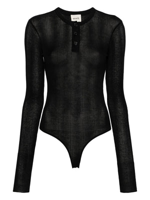 KHAITE Black Cotton Blend Semi-Sheer Henley Neck Long Sleeve Bodysuit for Women