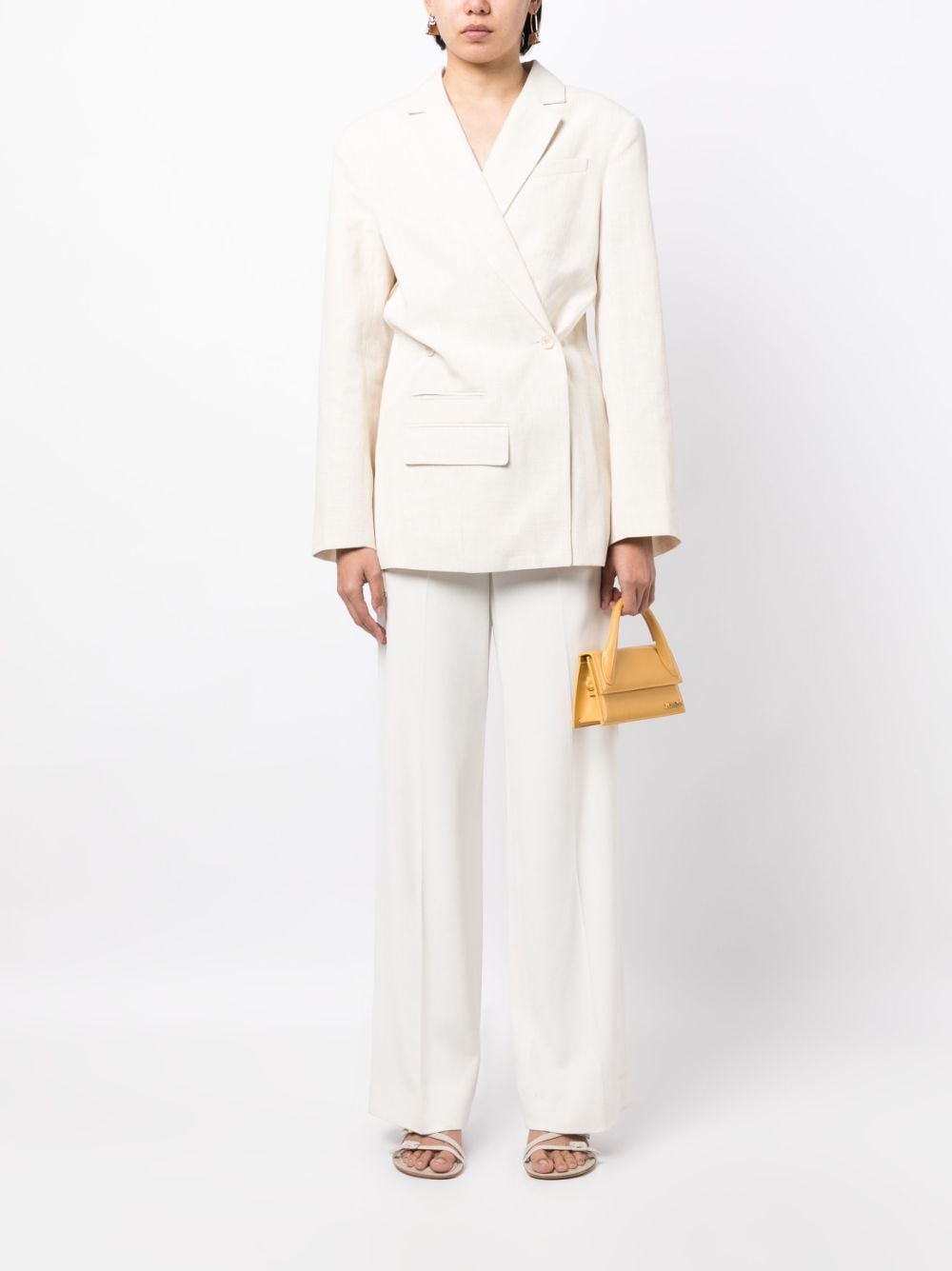 无品牌词语 设计新颖 白色亚麻混纺女式不对称双排扣西装外套