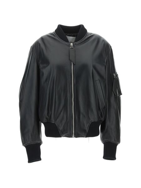 THE ATTICO Women's Oversized Leather Bomber Jacket with Rib Knit Trims - Black