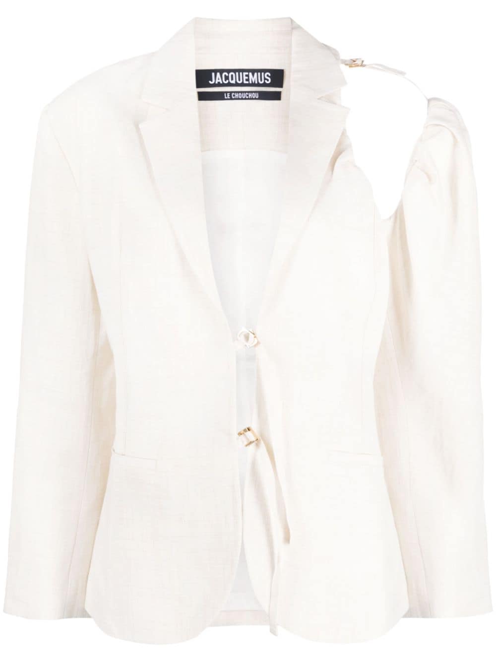 JACQUEMUS Women's White Asymmetrical Blazer with Cut-Out Detailing and Gold-Tone Hardware
