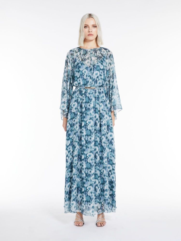 淡蓝色印花丝质长款连衣裙 - FW23系列