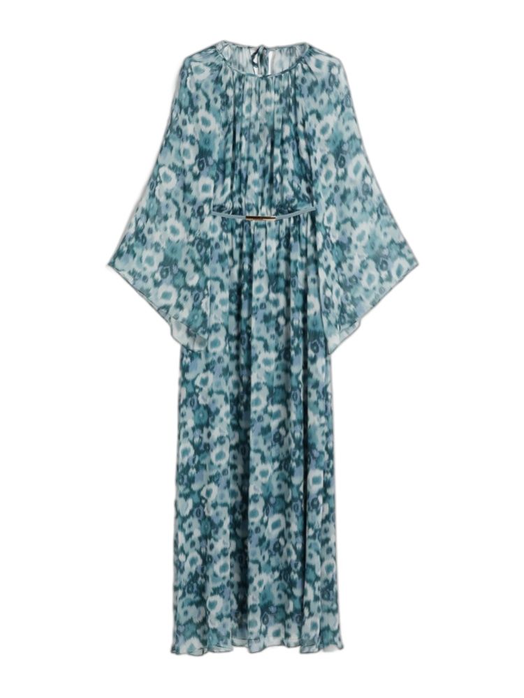 淡蓝色印花丝质长款连衣裙 - FW23系列