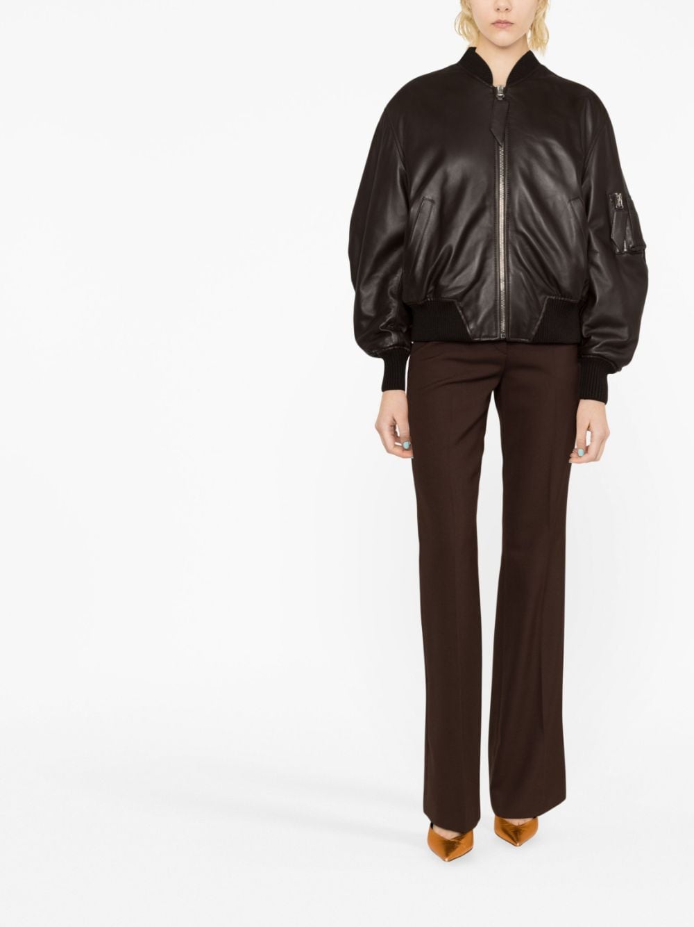女士棕色皮革飞行员夹克外套 (SS24标签)