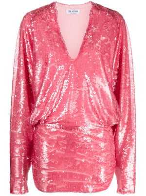 THE ATTICO Coral Pink Sequin Minidress - V-Neck, Long Sleeves, Fitted Waist - FW23