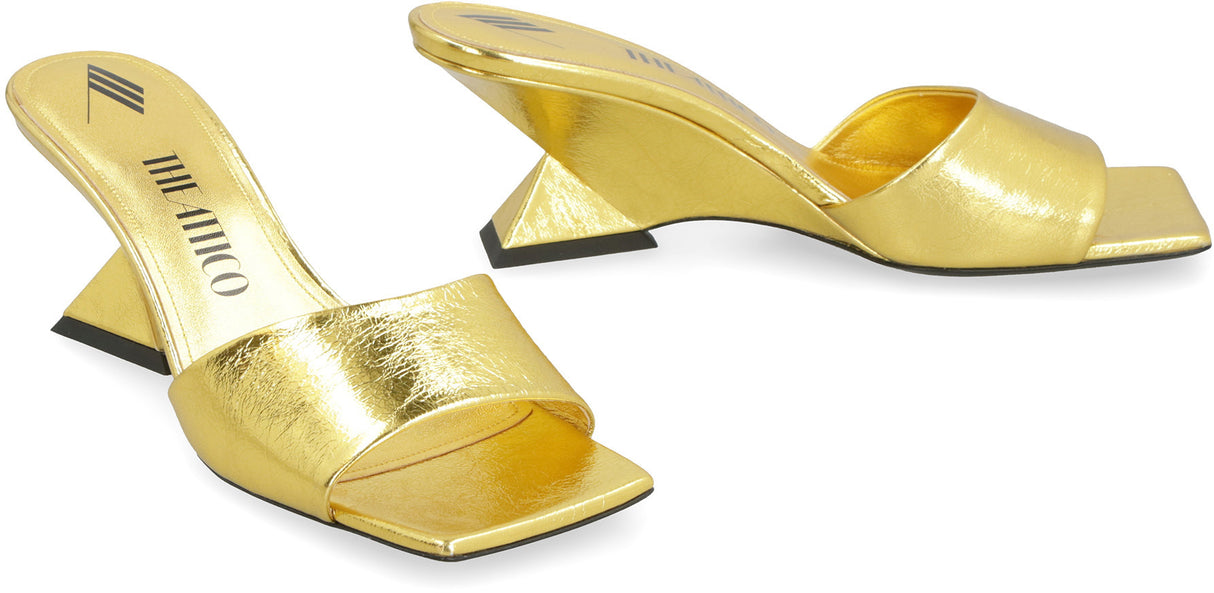 THE ATTICO Gold Leather Flat Sandals with Square Toe and Pyramid Wedge for Women
