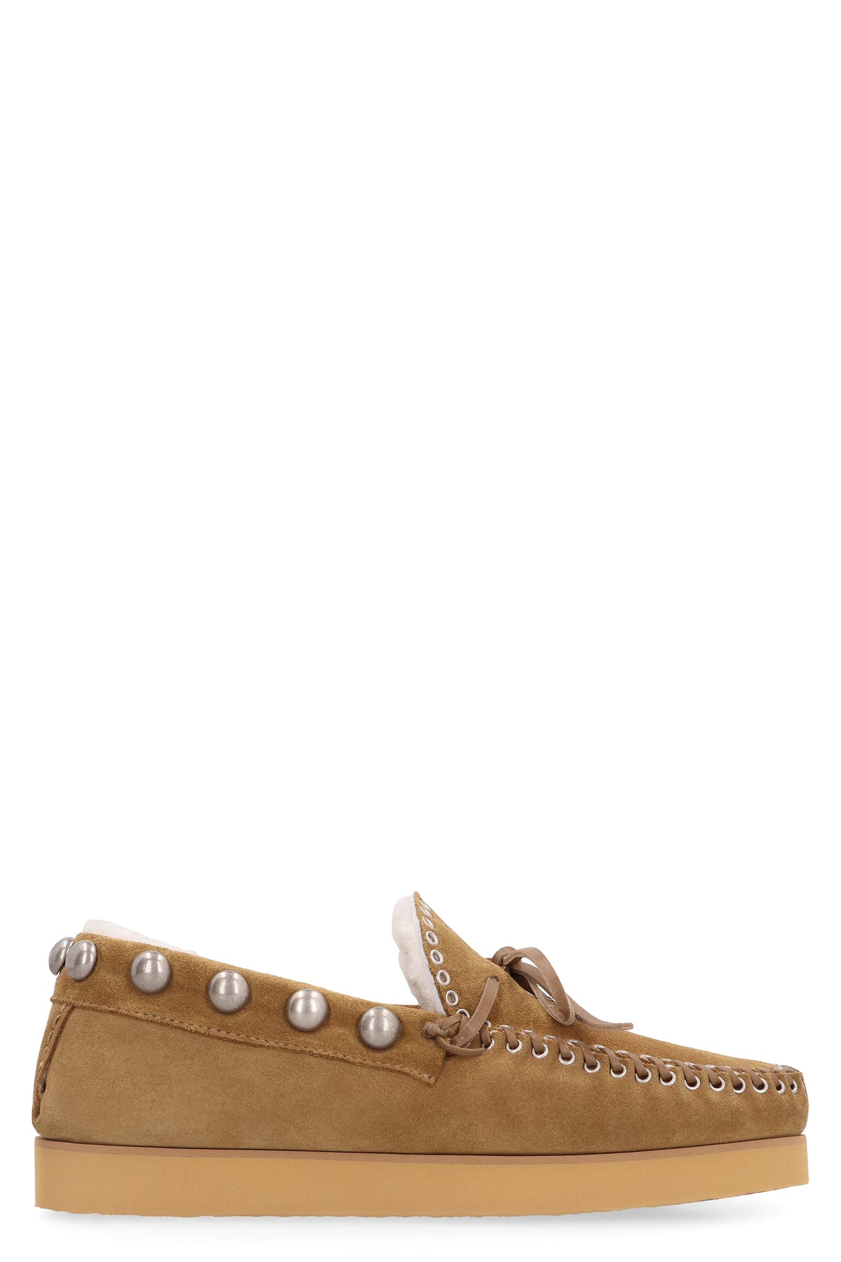 ISABEL MARANT Beige Suede Loafers with Shearling Lining, Silver Studs - FW23 Collection