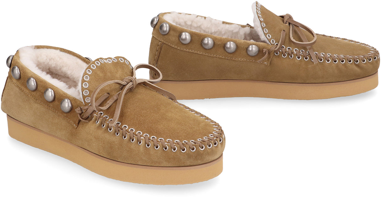ISABEL MARANT Beige Suede Loafers with Shearling Lining, Silver Studs - FW23 Collection