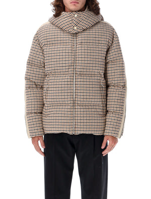 PALM ANGELS Men's Micro Check Hooded Puffer Jacket in Brown