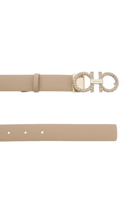 FERRAGAMO Tan Leather Belt with Crystal-Embellished Gancini Hook