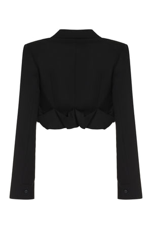 黑色羊毛小腰衣外套，女款带有衬垫肩膀和装饰性聚集