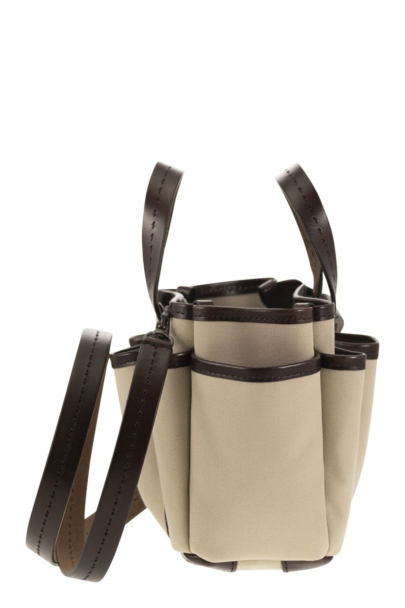 MAX MARA Mini Giardiniera Canvas and Leather Tote Handbag with Removable Strap - Tan, 25x14x17.5 cm