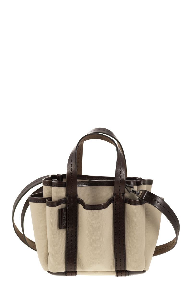 MAX MARA Mini Giardiniera Canvas and Leather Tote Handbag with Removable Strap - Tan, 25x14x17.5 cm