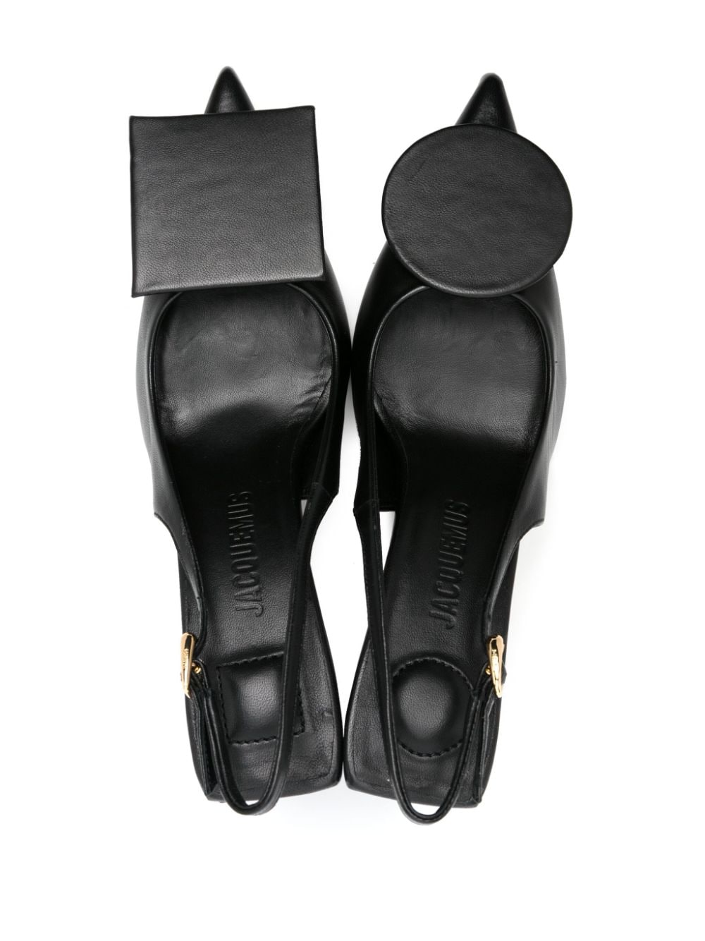 JACQUEMUS Black Leather Slingback Pumps with Square-Shaped Detail and Logo-Engraved Hardware