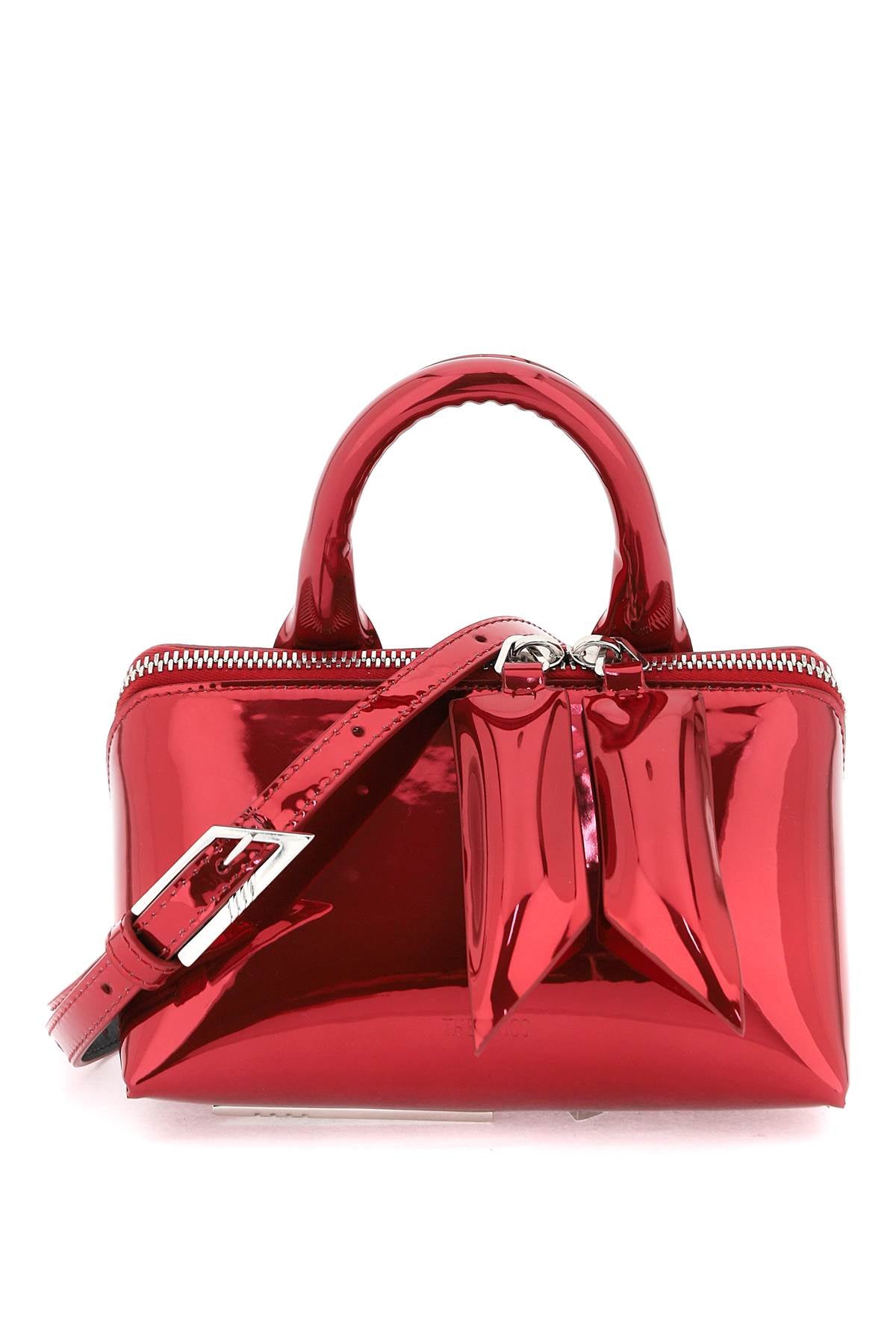 THE ATTICO Red Mini Mirror-Effect Clutch with Convertible Strap and Oversized Zip Detail
