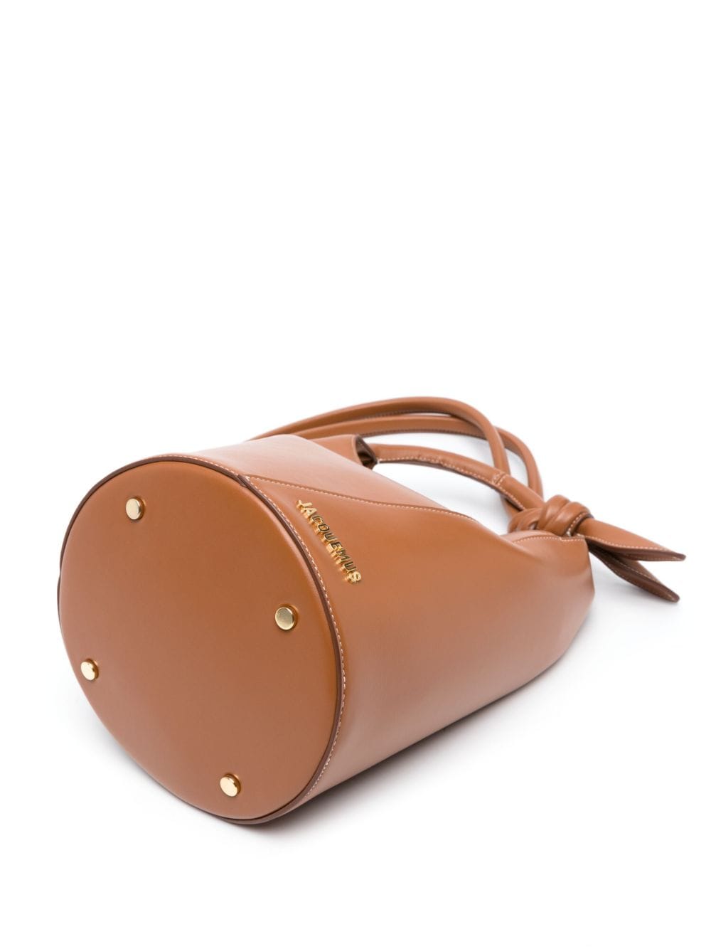 JACQUEMUS Refresh your style with this luxurious Leather Knot Tote Bucket Handbag in Tobacco Brown