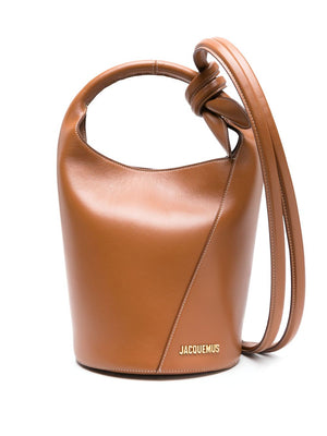 JACQUEMUS Refresh your style with this luxurious Leather Knot Tote Bucket Handbag in Tobacco Brown