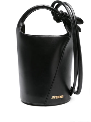 JACQUEMUS Mini Elegant Black Leather Tote with Knot Detail and Gold-Tone Accents