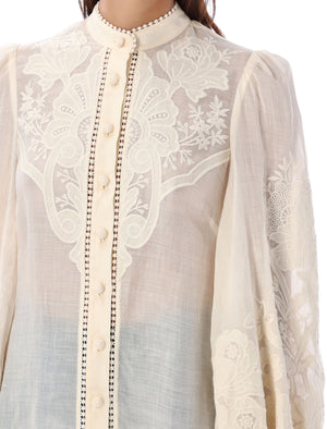 ZIMMERMANN Classic Embroidered Linen Blouse for Women in White | Long Sleeve Mandarin Collar Shirt