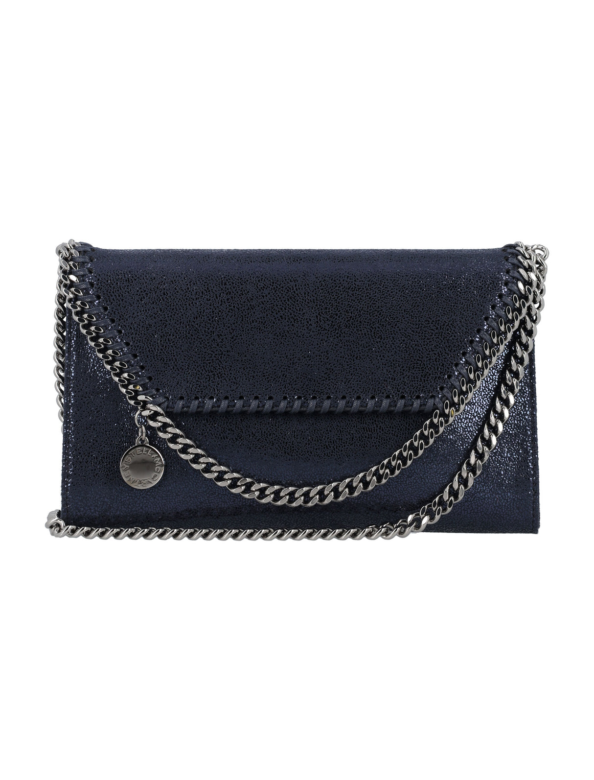 STELLA MCCARTNEY Mini Falabella Flap Shiny Handbag with Brass Chain Strap - Black, 14x23x3 cm