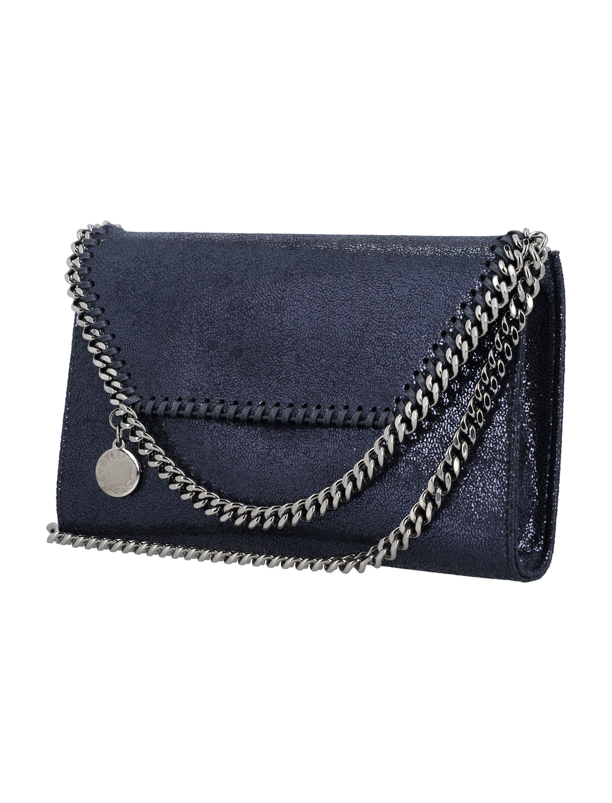 STELLA MCCARTNEY Mini Falabella Flap Shiny Handbag with Brass Chain Strap - Black, 14x23x3 cm