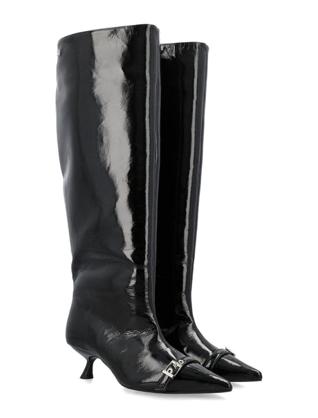 GANNI Black Leather High Shaft Boot with Eyelet Details