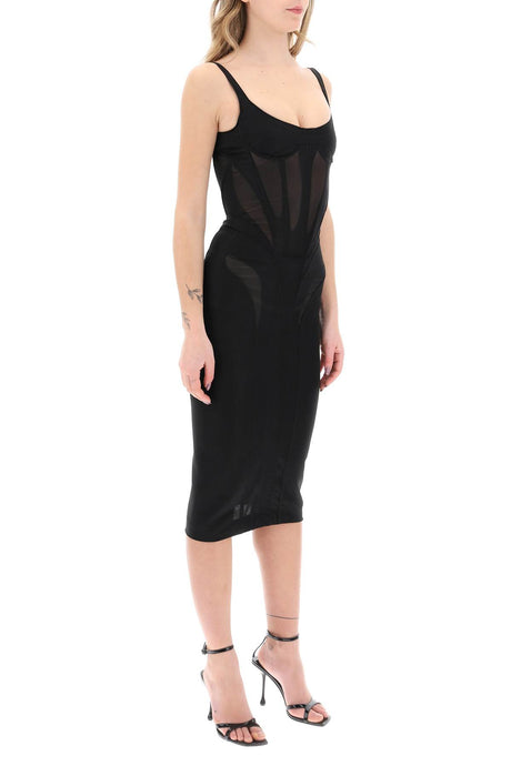 MUGLER Corset-Inspired Midi Dress with Semi-Transparent Inserts
