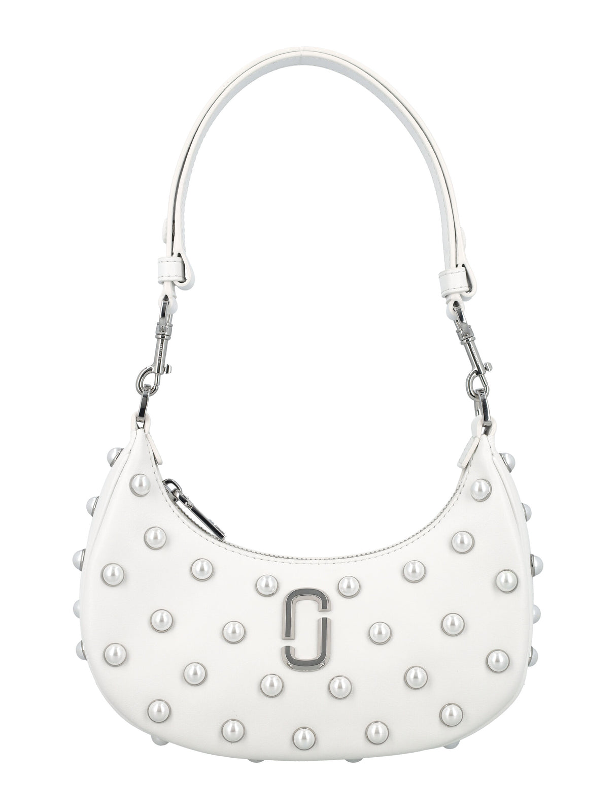 MARC JACOBS Mini Curve Pearl White Leather Crossbody Bag with Faux Pearl Accents
