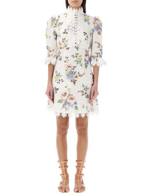 ZIMMERMANN Blue Applique Mini Dress with Mandarin Collar and Lace Trims