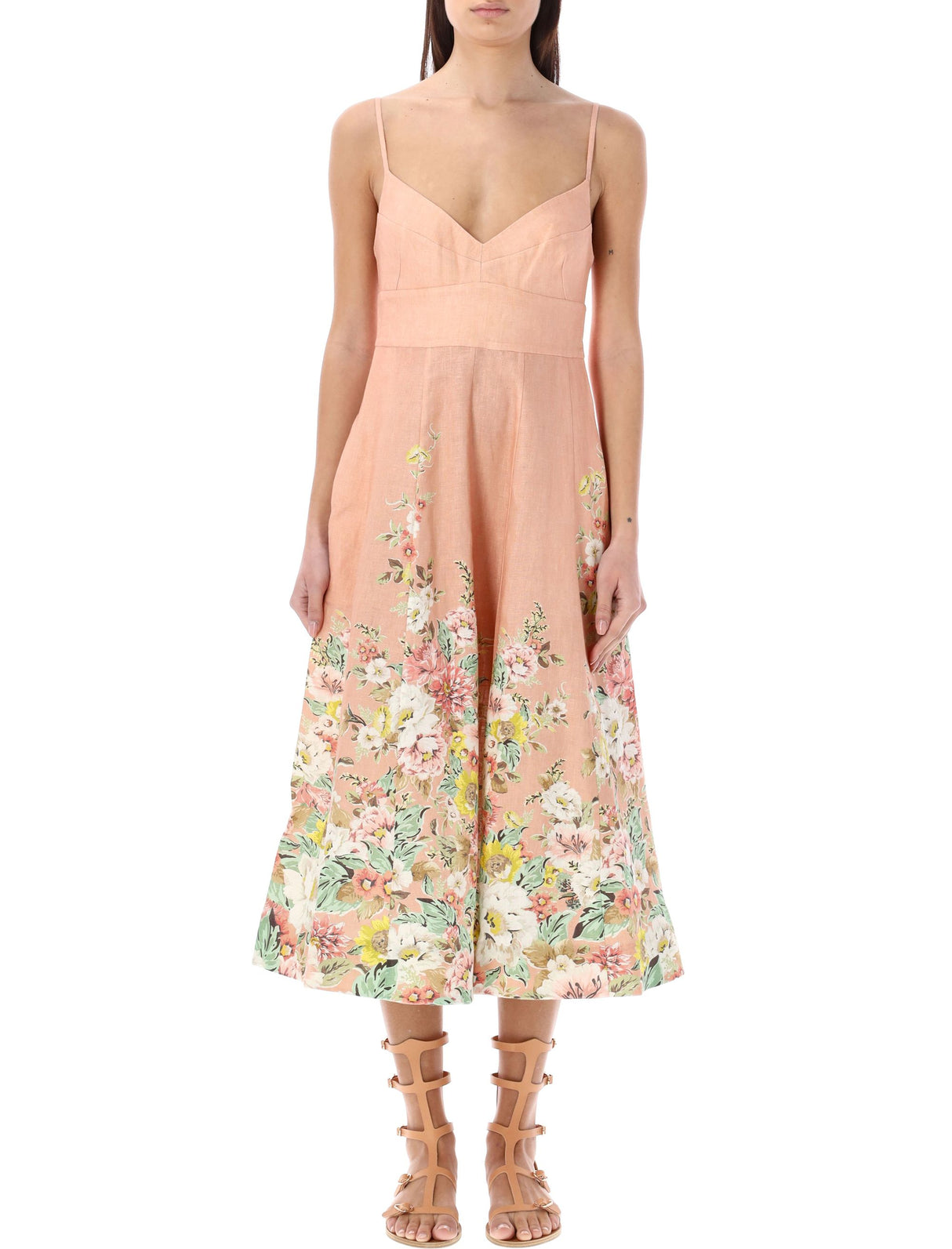 女装正宗的粉红色花卉亚麻野餐连衣裙，胸部贴身、半腰设计，摆动超薄裙摆