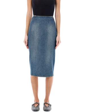 ALAIA Midi-Length High Waist Denim Skirt in Light Blue - SS24 Collection