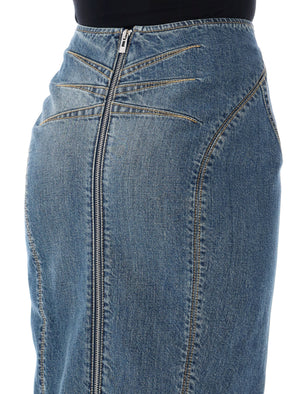 ALAIA Midi-Length High Waist Denim Skirt in Light Blue - SS24 Collection