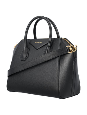 GIVENCHY Chic Antigona Small Black Leather Handbag with Golden Accents and Adjustable Strap