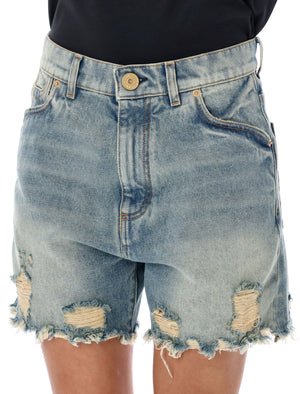 Light Blue Denim Shorts with Western Cut-Out Detailing for Women by Balmain