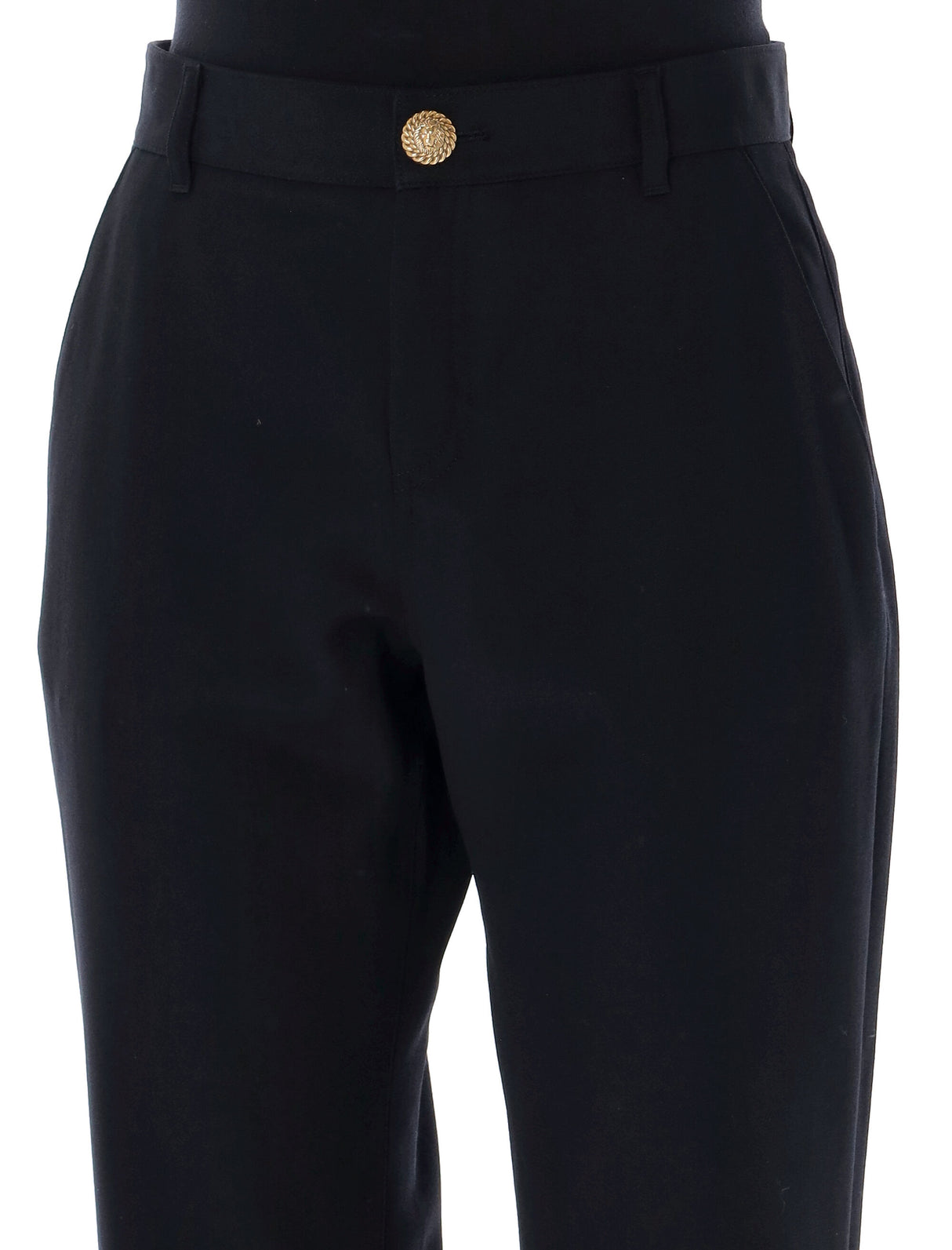 女式黑色阔腿长裤-常规高腰，侧边口袋，金色狮子纽扣和拉链闭合