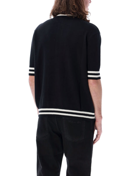 男士黑色经典款针织POLO衫，典雅logo设计，条纹镶边